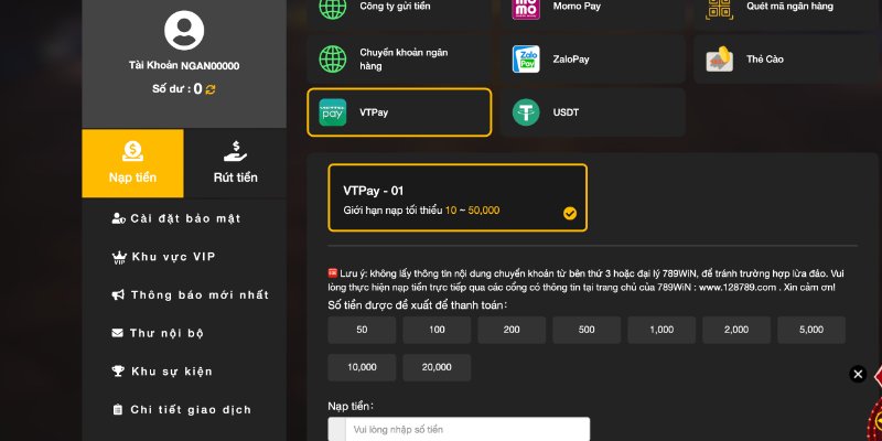 Nạp tiền 789win bằng VTPay